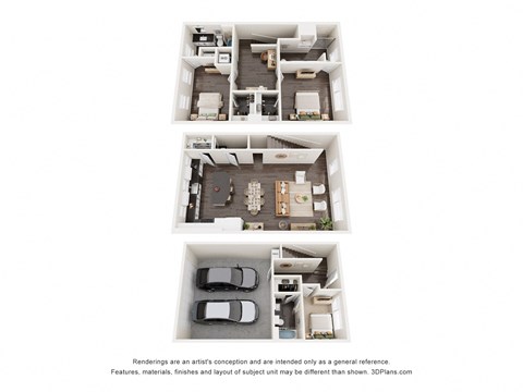 a stylized floor plan of a 3 bedroom apartment